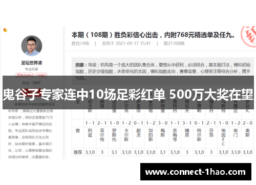 鬼谷子专家连中10场足彩红单 500万大奖在望